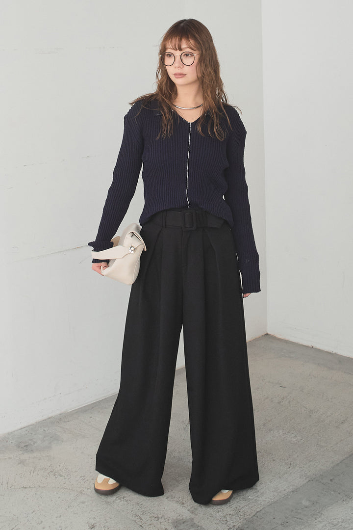 [SET]衿付きニットプルオーバー+ベルト付きツータックワイドパンツ(2set)