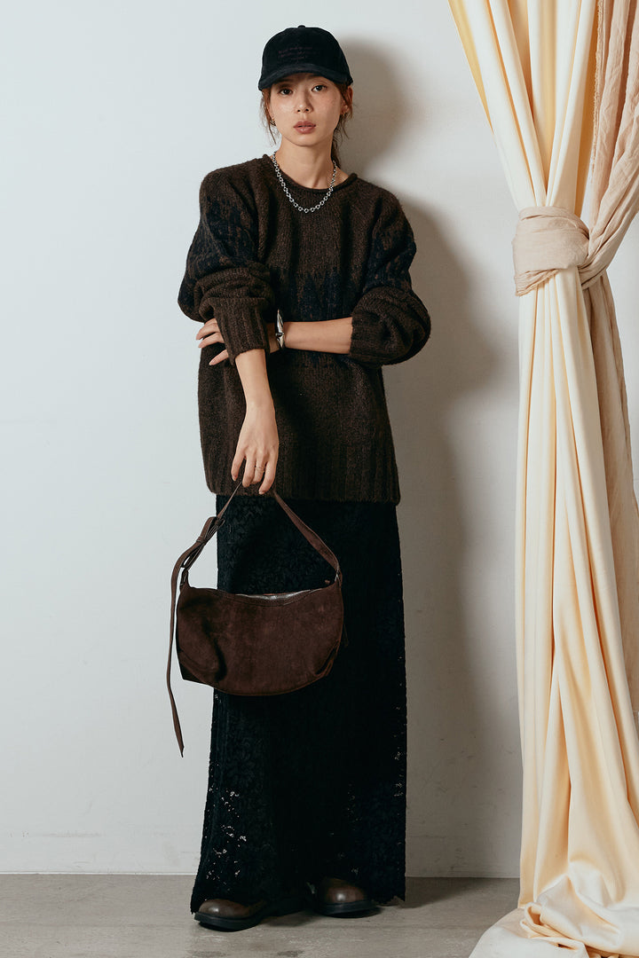 [SET]モノトーン柄ニットトップス+花柄刺繍ベロアフレアスカート(2set)