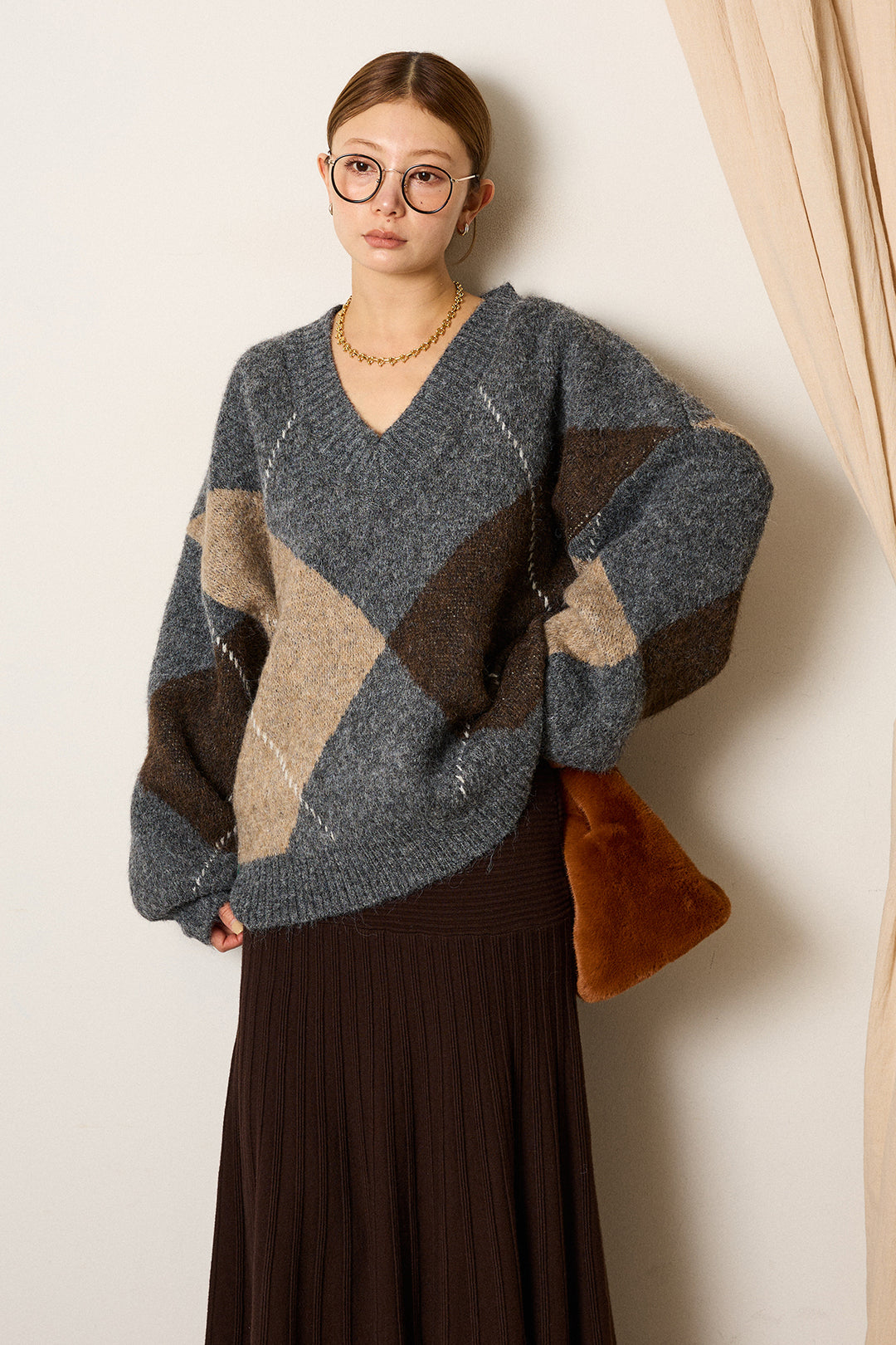 [SET]ルーズアーガイルVネックニット+編み地切り替えフレアニットスカート(2set)