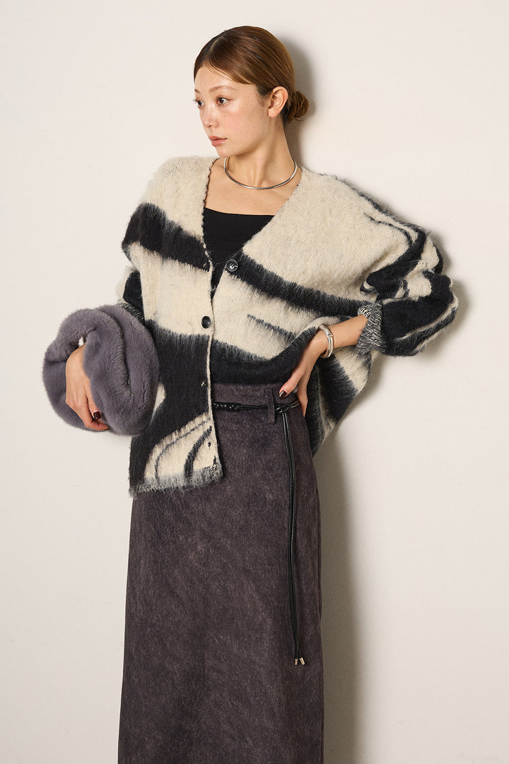 [SET]アクセントブラッシュドカーディガン+ロープベルト付きスウェード調スカート(2set)