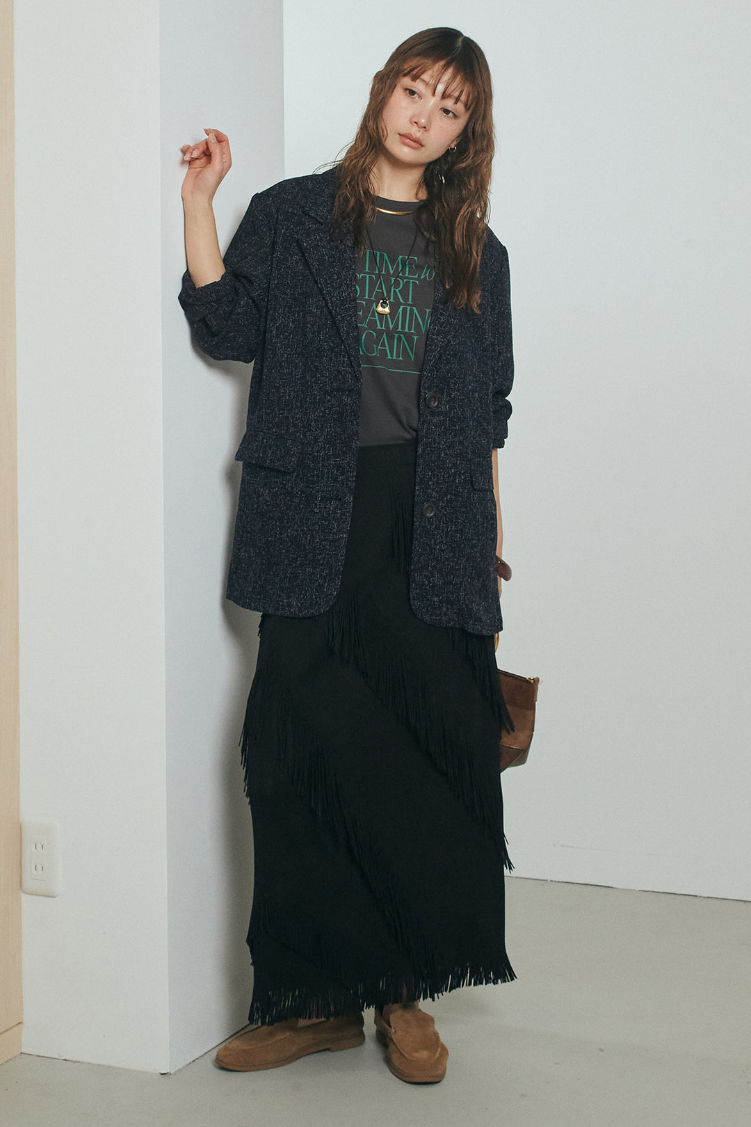 [SET]ミックスツイードベルト付きジャケット+斜めフリンジデザインスカート(2set)