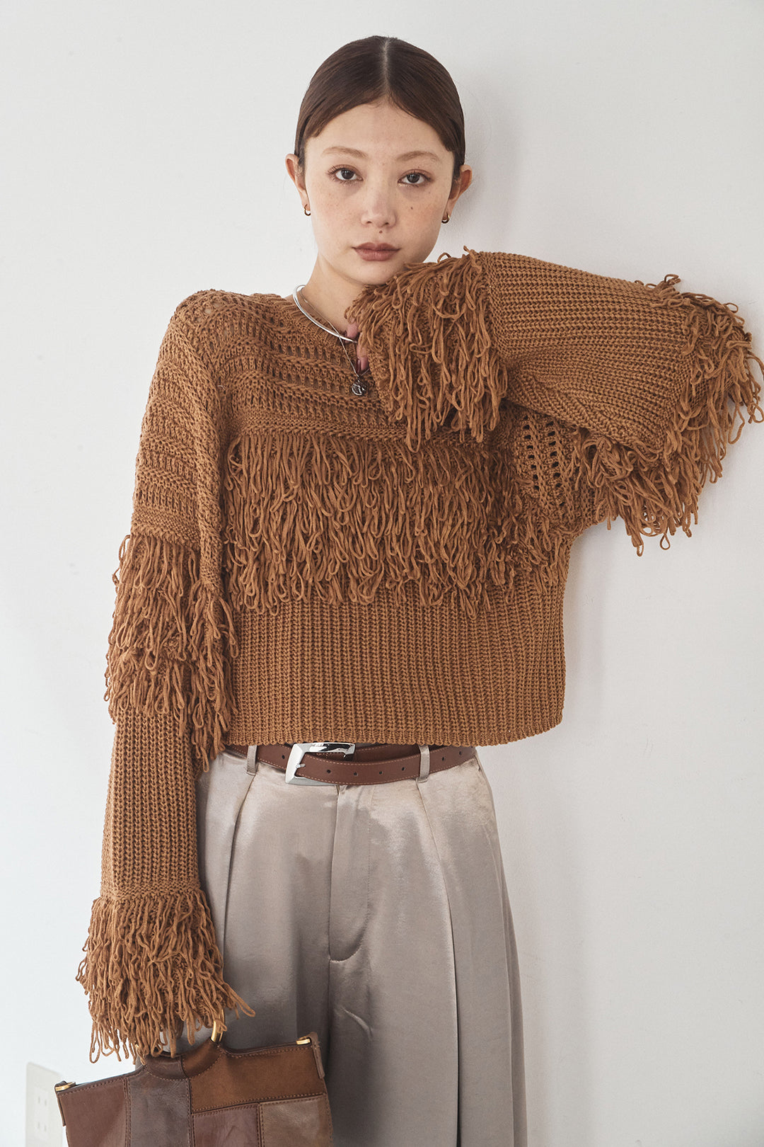 [SET]メッシュフリンジ切り替えプルオーバー+サテンタックワイドパンツ(2set)