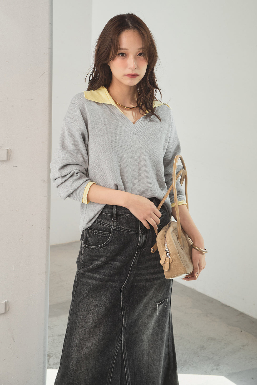 [SET]バイカラーニットレイヤード風プルオーバー+Aラインデニムスカート(2set)