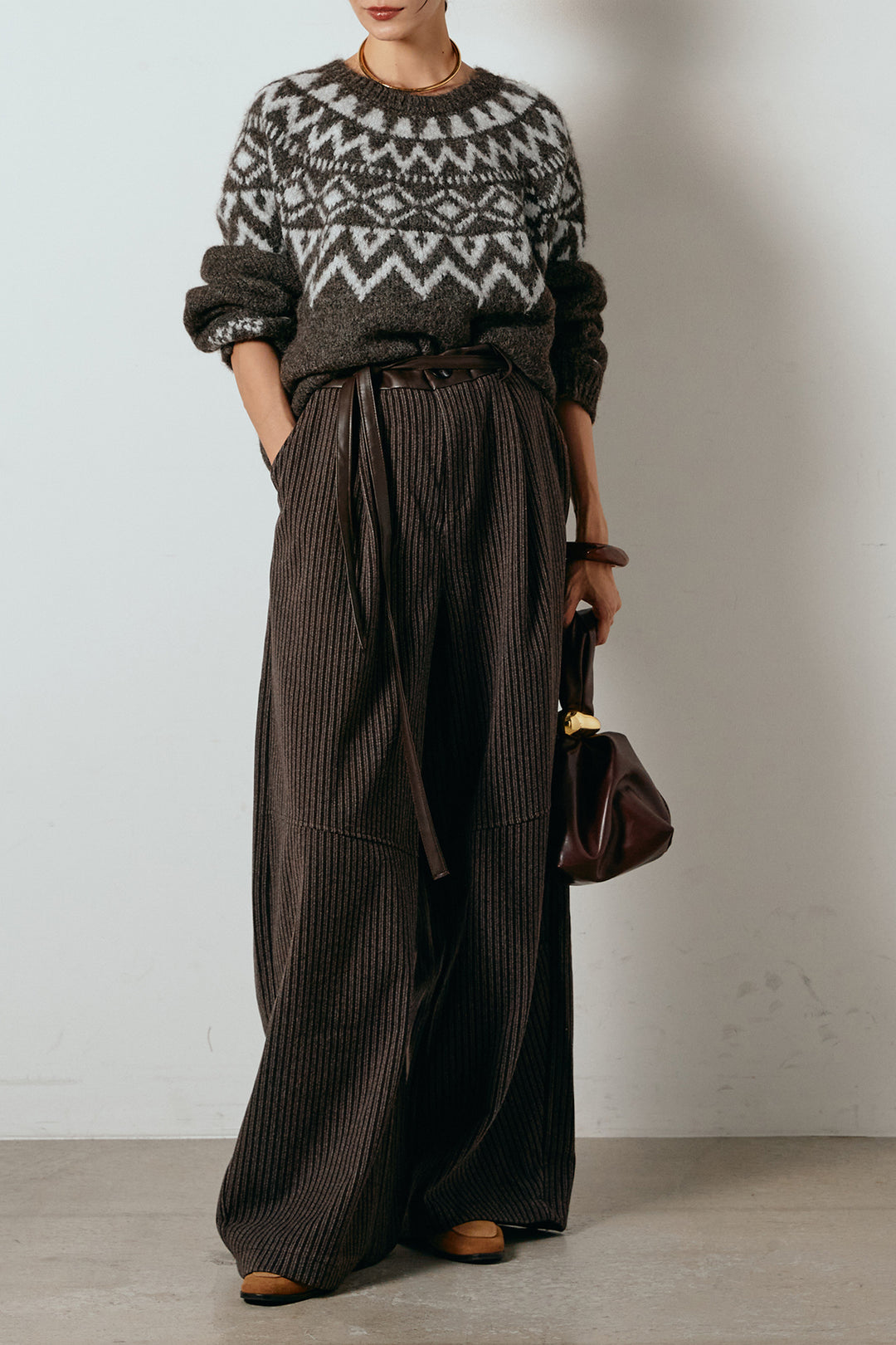 [SET]ノルディック柄Uネックプルオーバー+レザーライク配色ストライプパンツ(2set)