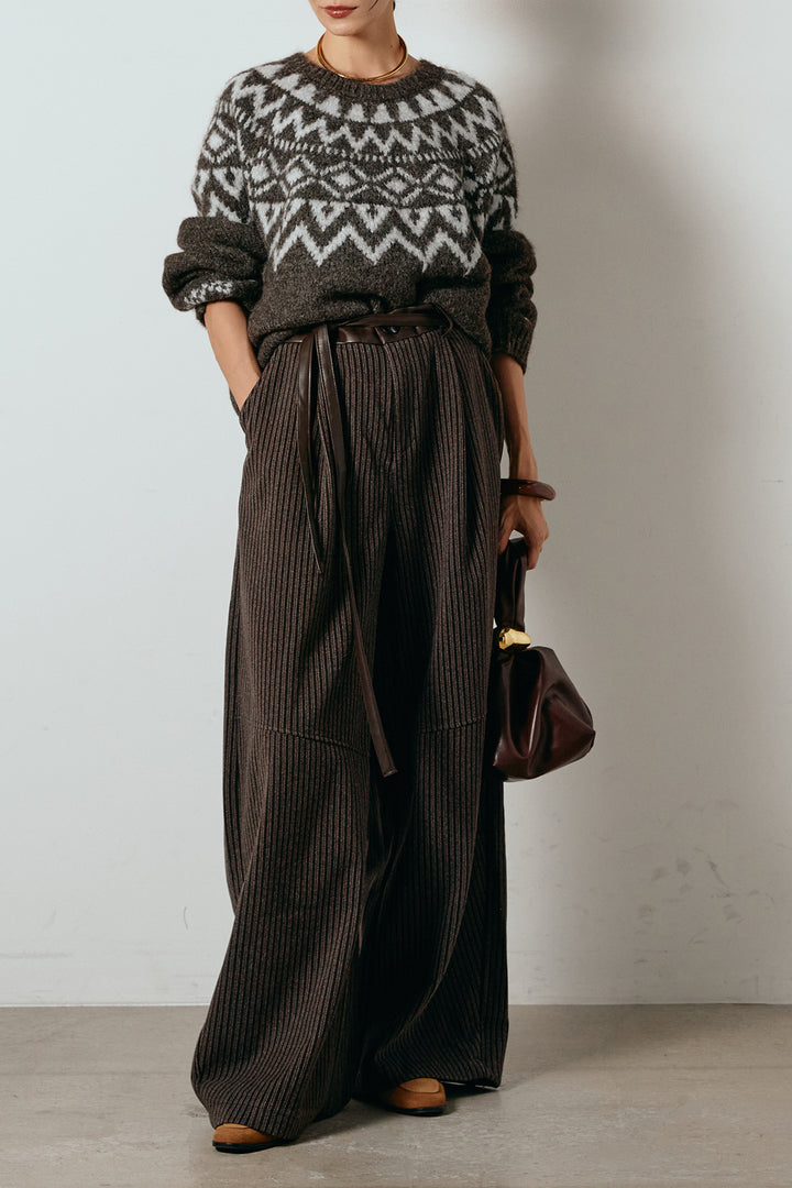 [SET]ノルディック柄Uネックプルオーバー+レザーライク配色ストライプパンツ(2set)