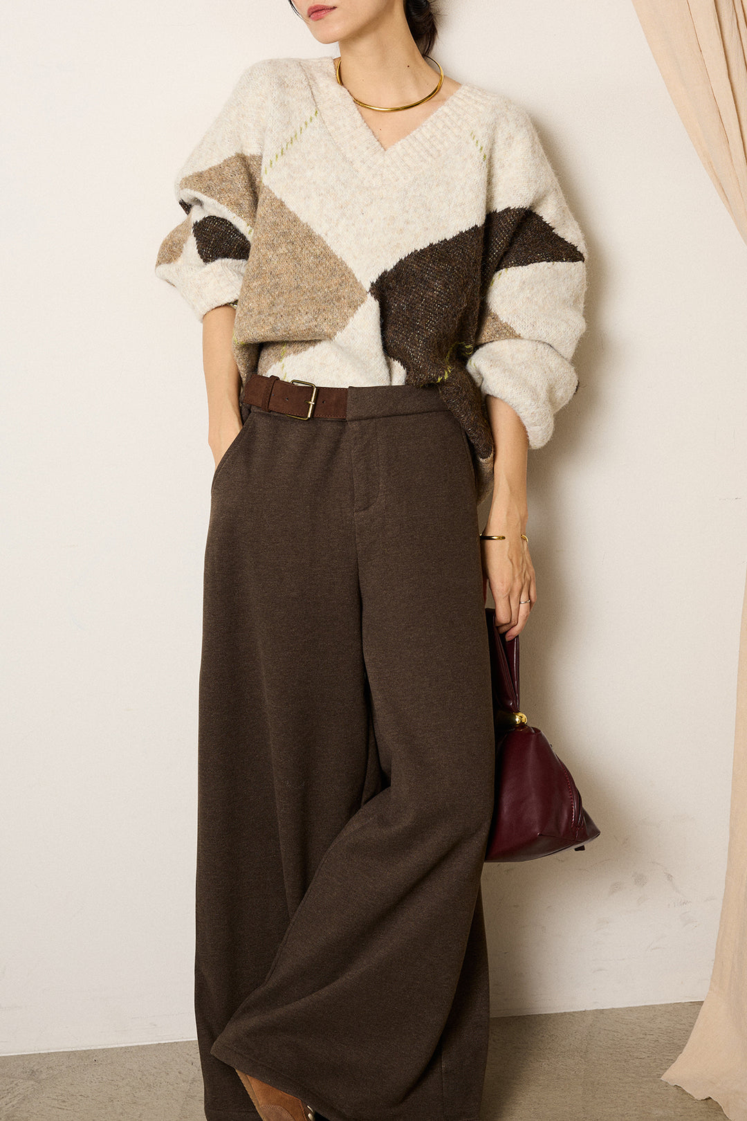 [SET]ルーズアーガイルVネックニット+サイドベルトパンツ(2set)