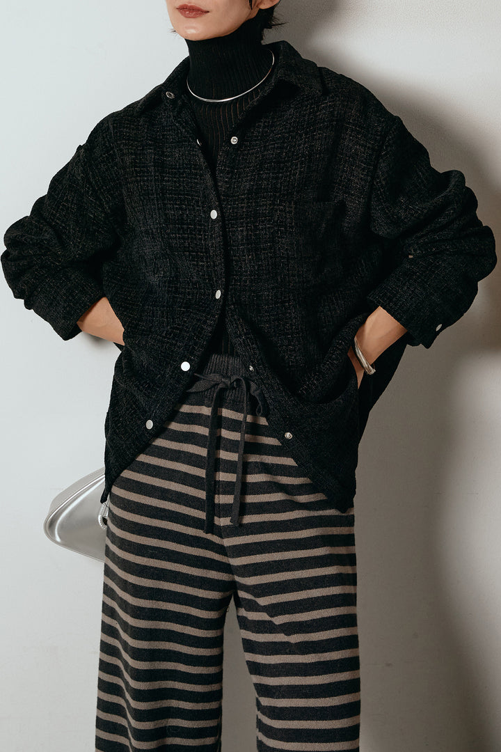 [SET]ルーズクラッシュツイルシャツ+ボーダーリラックスニットパンツ(2set)