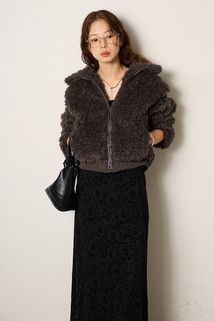 [SET]スタンドカラー裾リブボアブルゾン+花柄刺繍ベロアフレアスカート(2set)