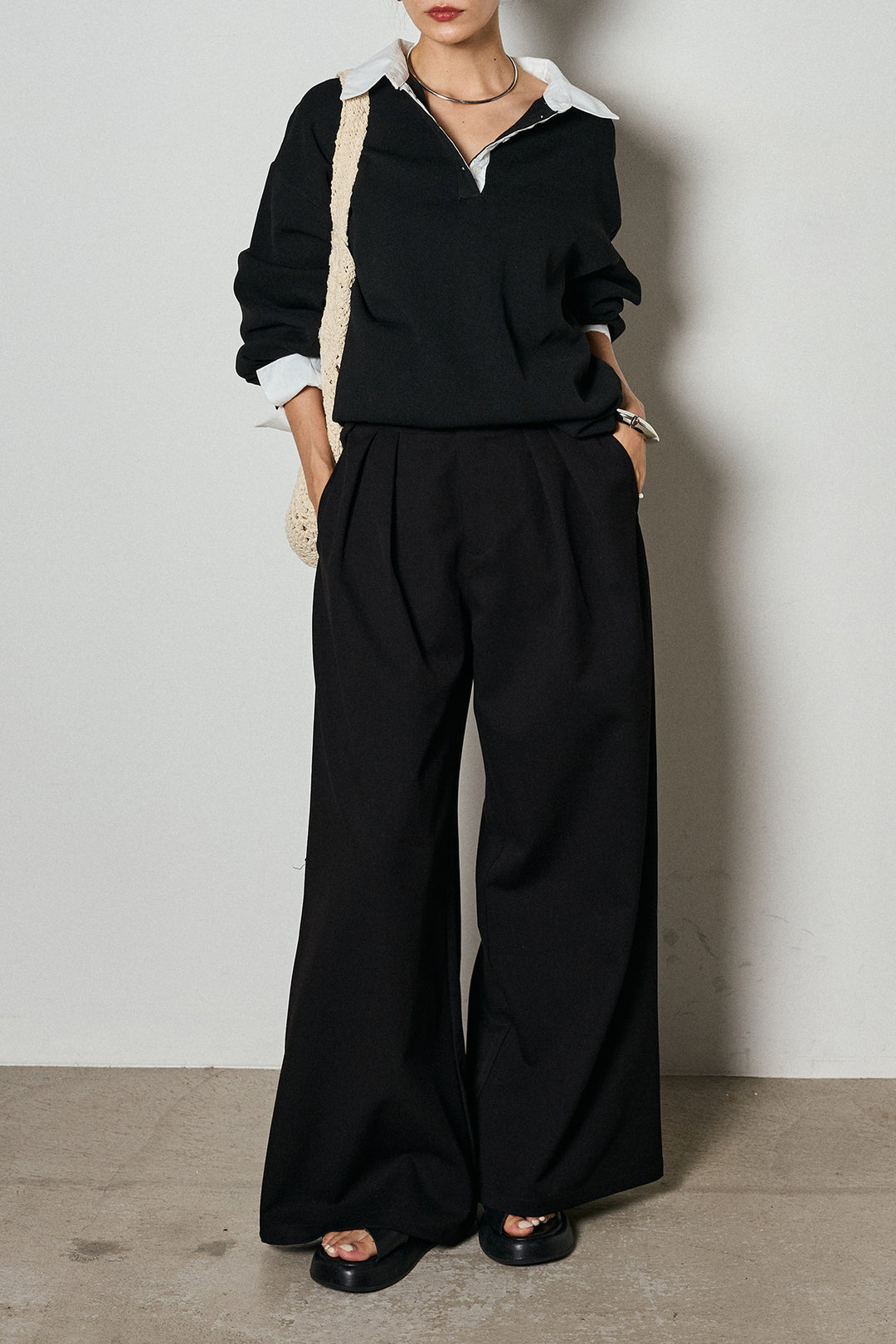 【即納】ウエストベルト付きタックワイドパンツ