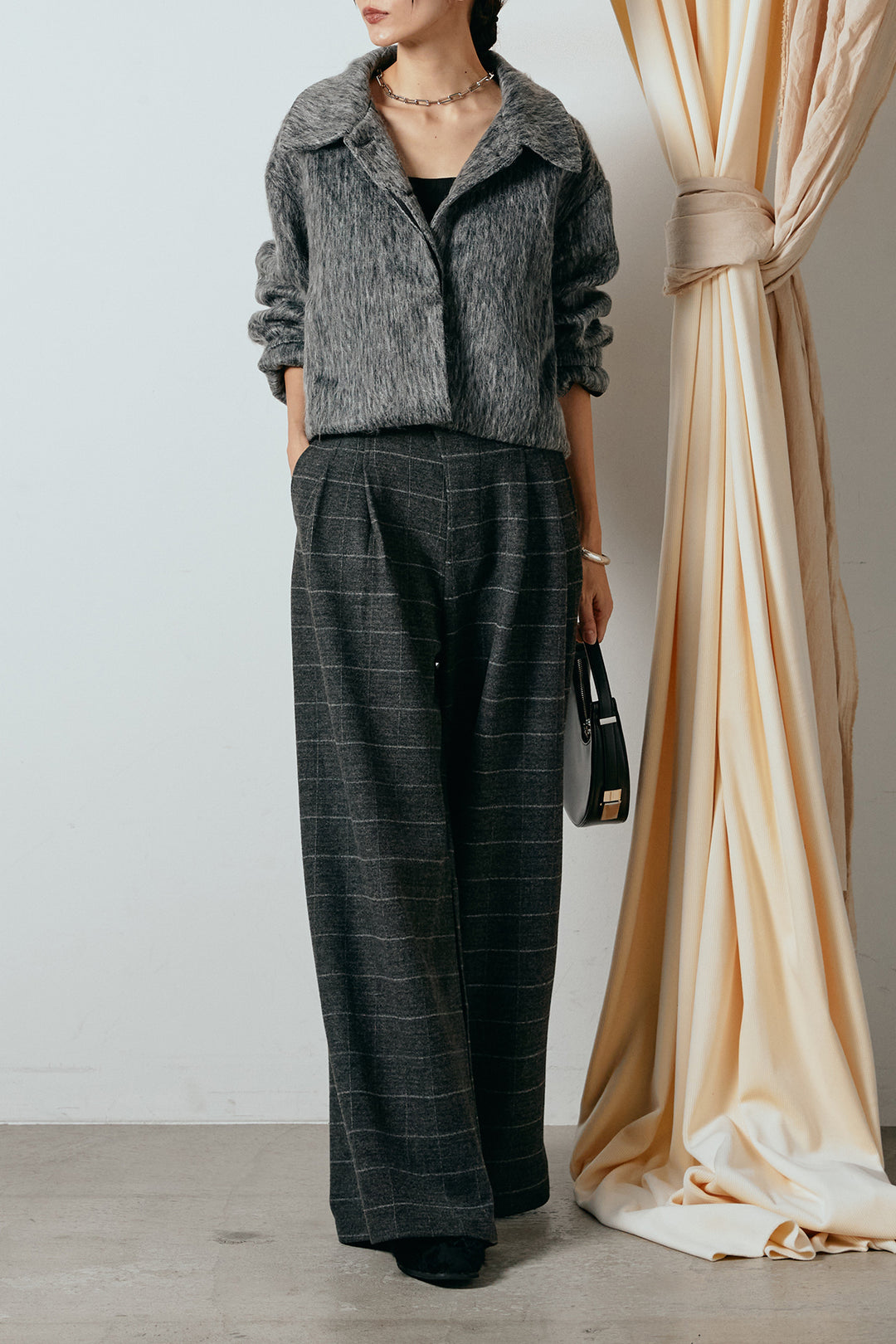 [SET]シャギーショートジャケット+スクエアチェック柄ワイドパンツ(2set)