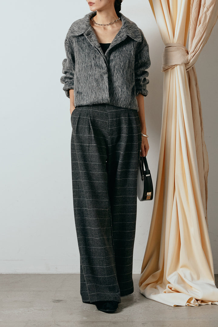 [SET]シャギーショートジャケット+スクエアチェック柄ワイドパンツ(2set)