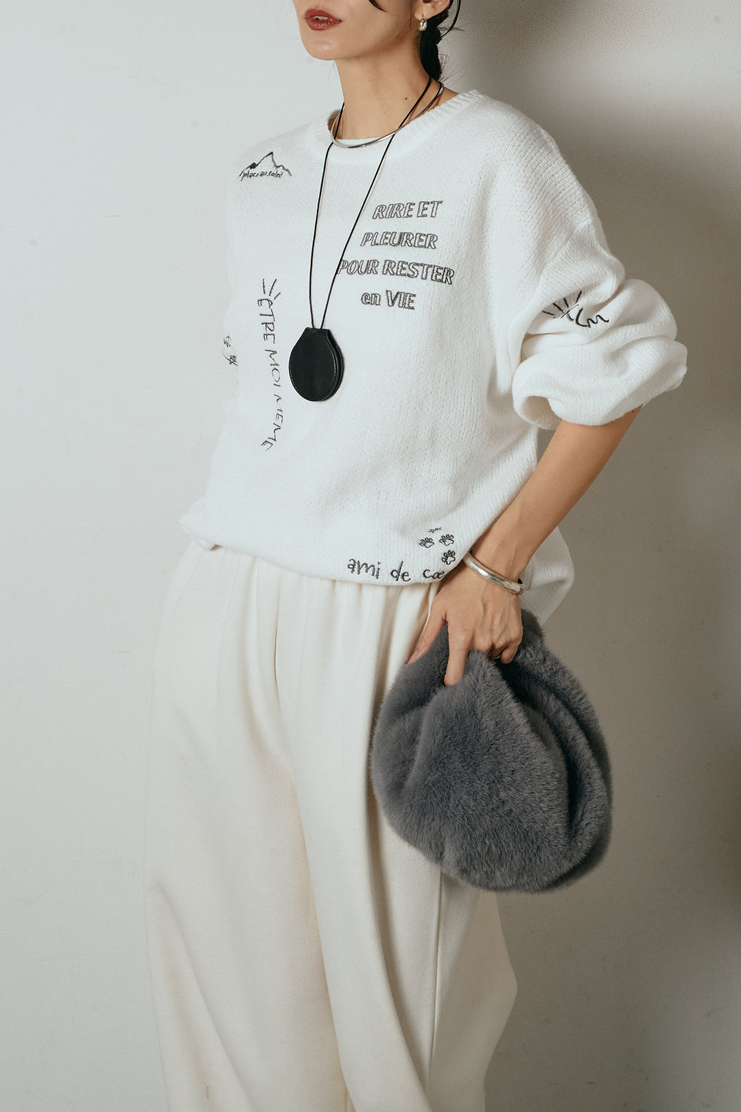 [SET]刺繍ロゴランダムデザインニットトップス+裏起毛スウェットワイドパンツ(2set)