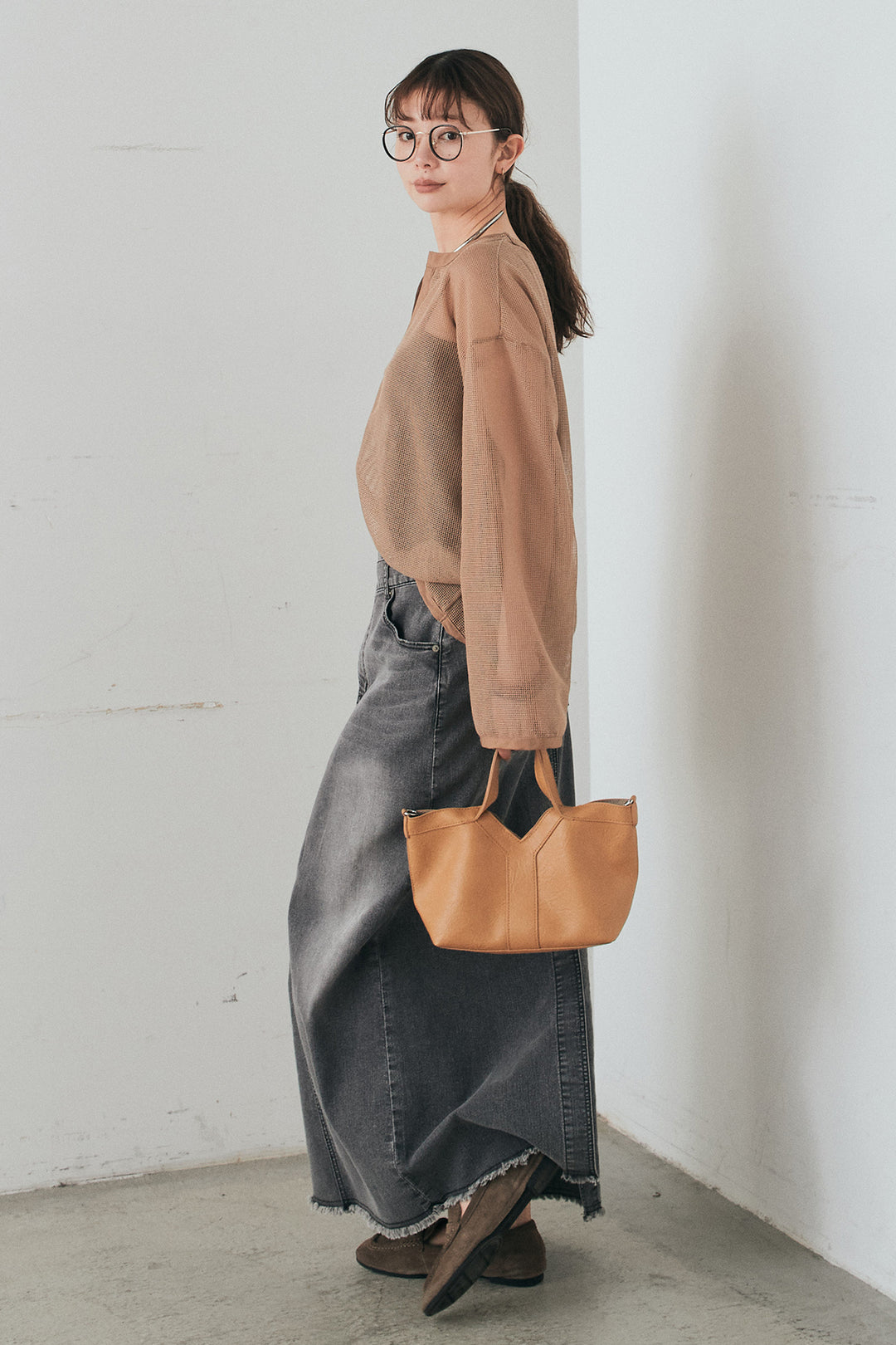 [SET]メッシュカットソースキッパープルオーバー+ウエストクロスデニムタイトスカート(2set)