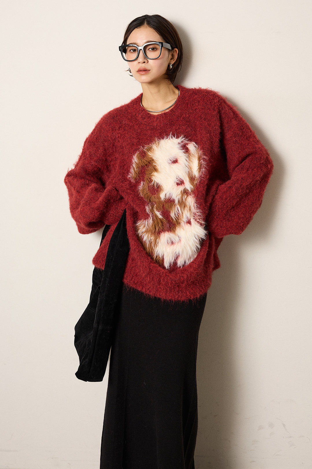 [SET]シャギーニュアンスアニマルニット+リブナローニットスカート(2set)