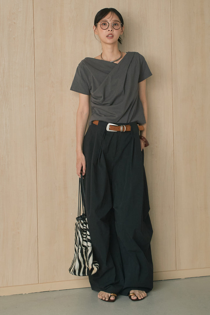 [SET]綿天竺半袖オフショルTシャツ+ニーサイドタックボリュームカーブパンツ(2set)
