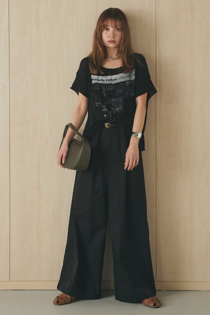 [SET]半袖モノトーングラフィックトップス+ベルトループデザインハイウエストタックパンツ(2set)