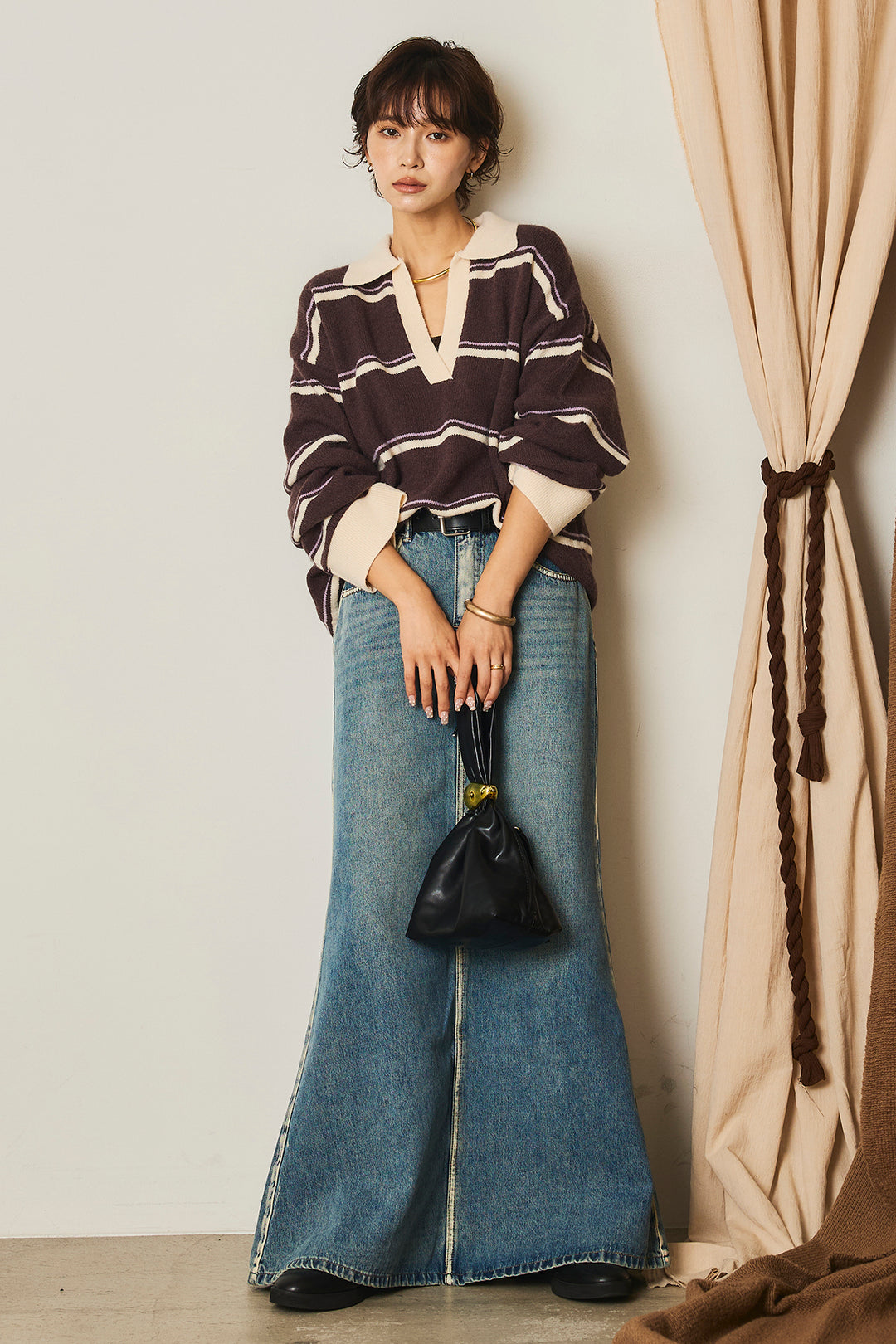 【即納】フェイクレザー太ベルト付きデニムワイドスカート