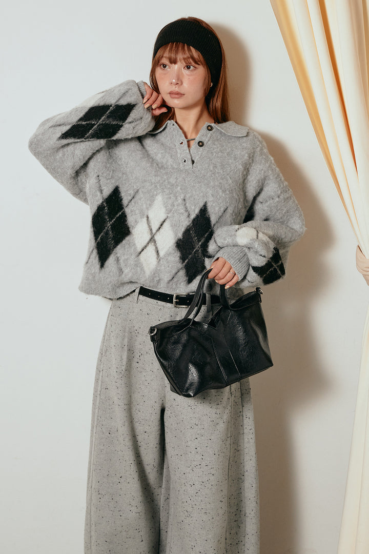 [SET]アーガイル柄ポロニットトップス+ベルト付きネップツイードカーブパンツ(2set)