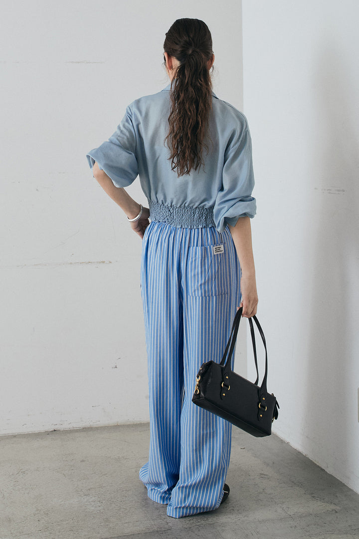 [SET]裾巻きツイストデザインシャツ+レーヨンストライプイージーワイドパンツ(2set)