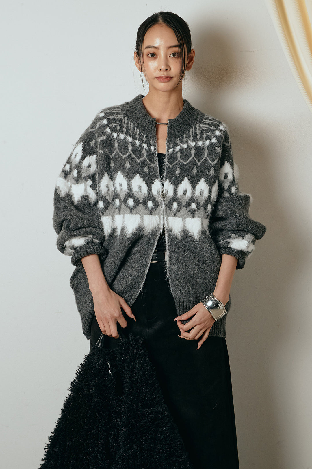 [SET]起毛ダブルジップパターンニットカーディガン+エコスウェードワイドスカート(2set)