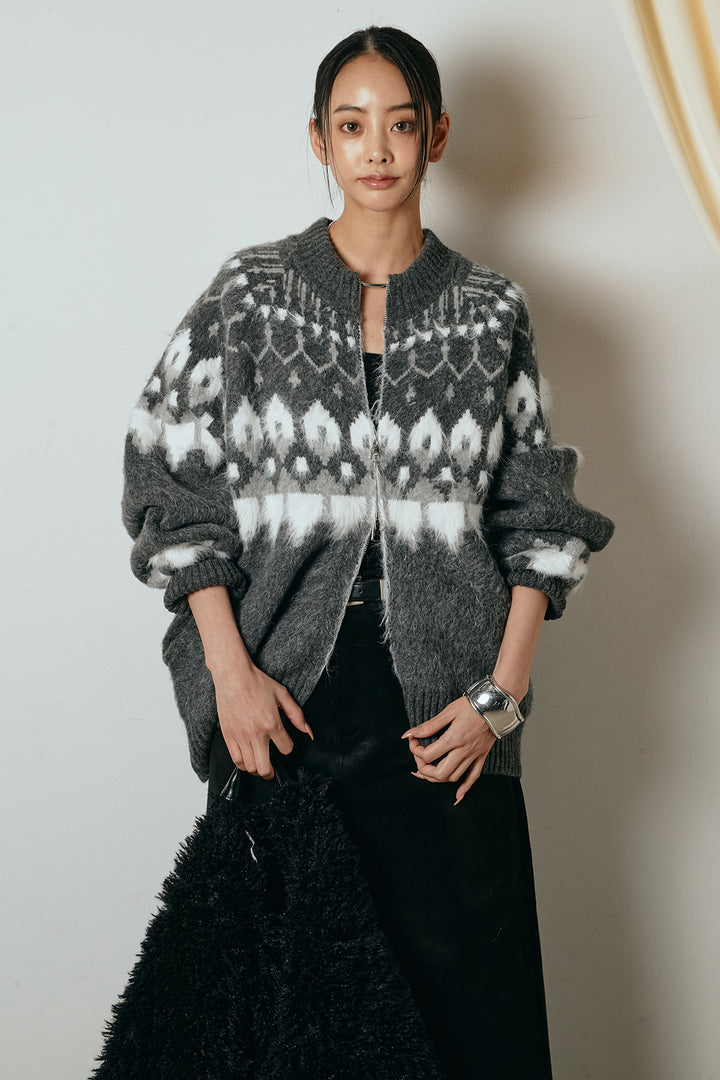 [SET]起毛ダブルジップパターンニットカーディガン+エコスウェードワイドスカート(2set)