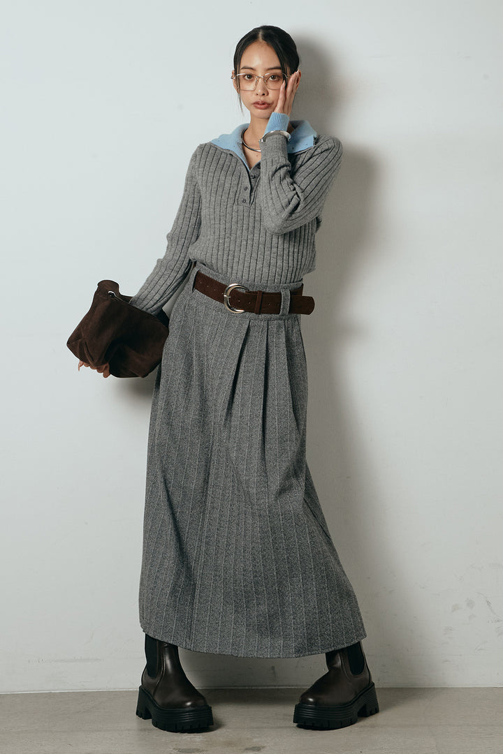 [SET]レイヤード風リブニットトップス+太ベルト付きヘリンボーンプリーツスカート(2set)