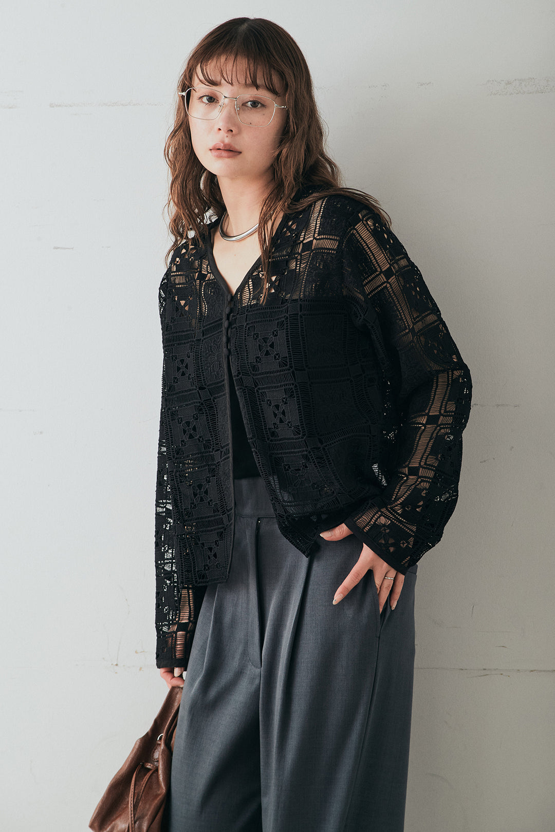 [SET]クロシェレースカーディガン+センタープレスセミワイドパンツ(2set)