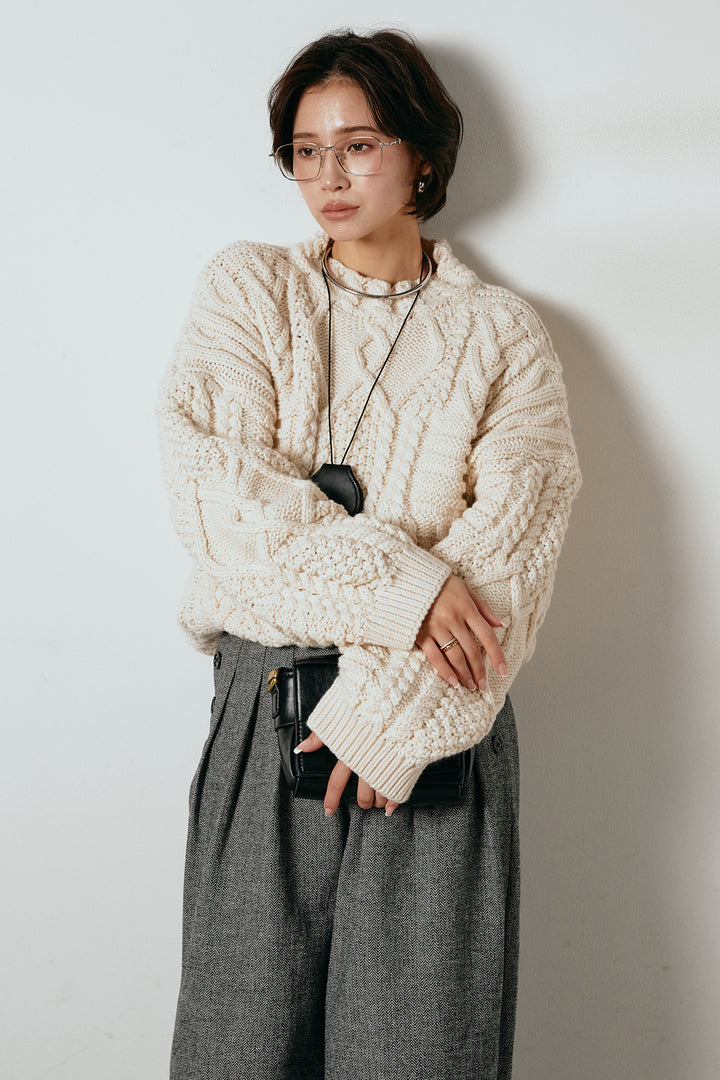 [SET]アラン柄ミックスケーブルニット+サイドボタンツイードタックパンツ(2set)