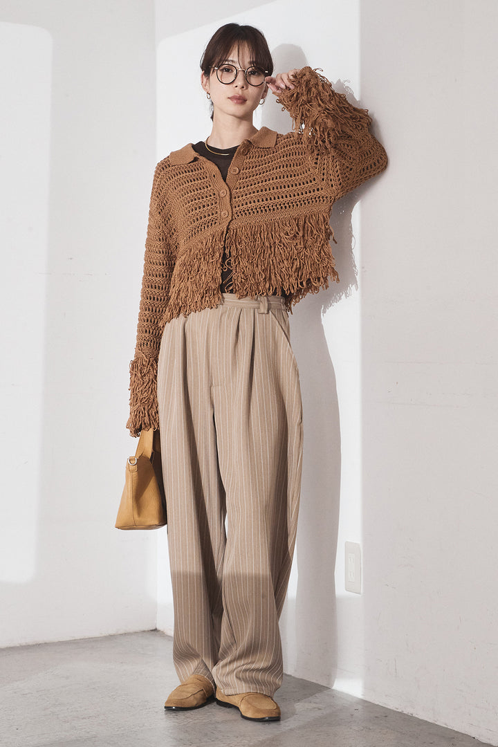[SET]メッシュフリンジカーディガン+ヘリンボーンストライプツータックパンツ(2set)
