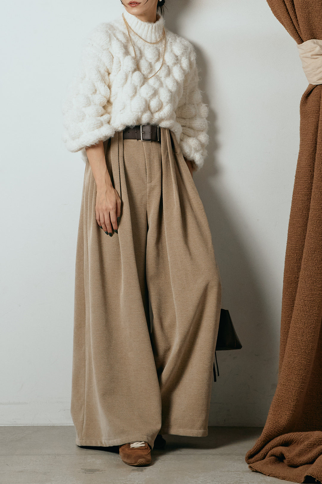 [SET]ボリュームポップコーンニットトップス+ベルトループコーデュロイワイドパンツ(2set)