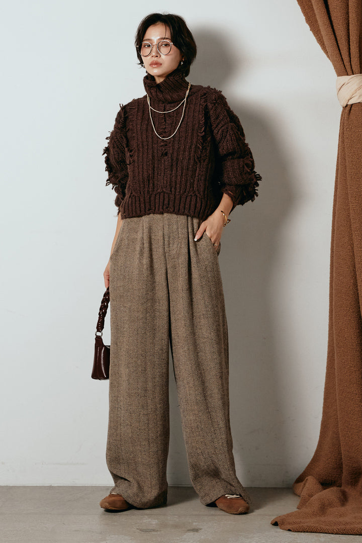 [SET]フリンジタートルショートニット+クラシックヘリンボーンサロペット(2set)