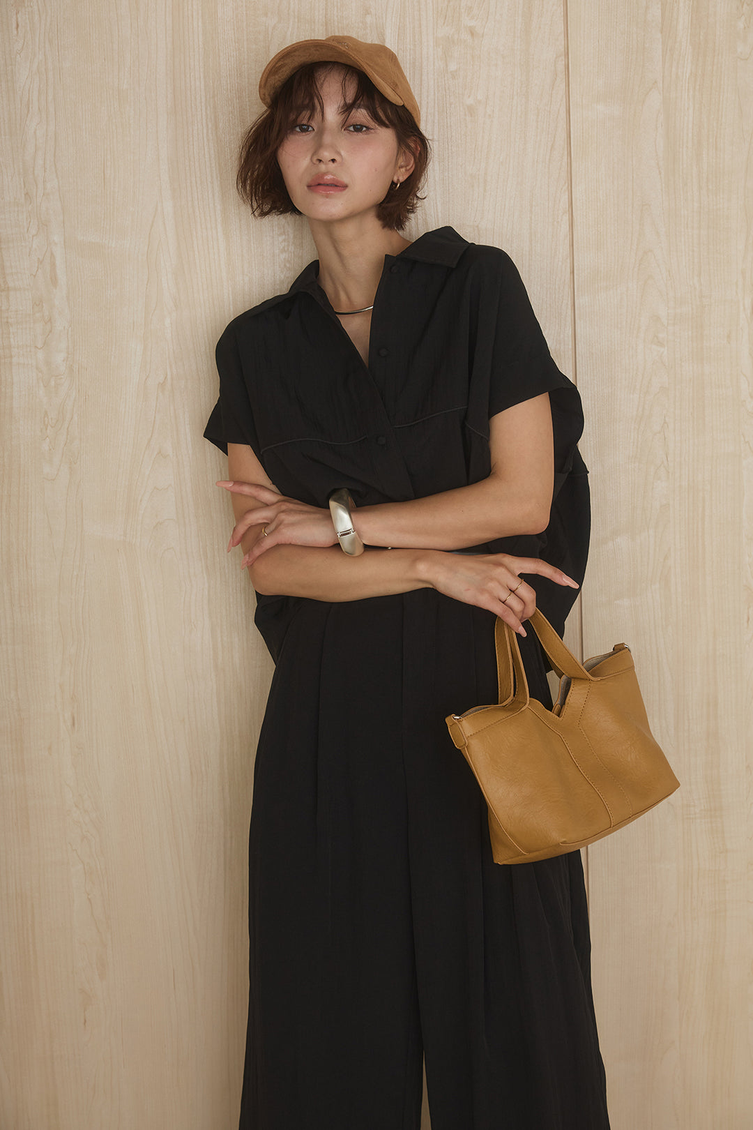 [SET]リネンライクランタンノースリシャツ+リネンライク2タックワイドパンツ(2set)