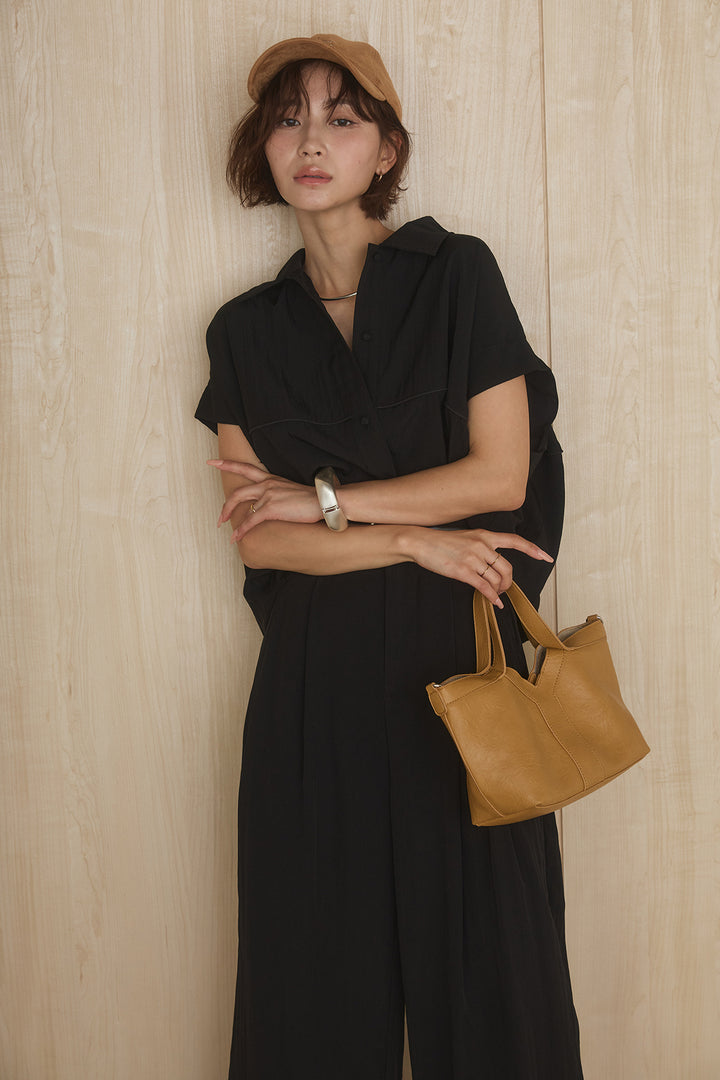 [SET]リネンライクランタンノースリシャツ+リネンライク2タックワイドパンツ(2set)