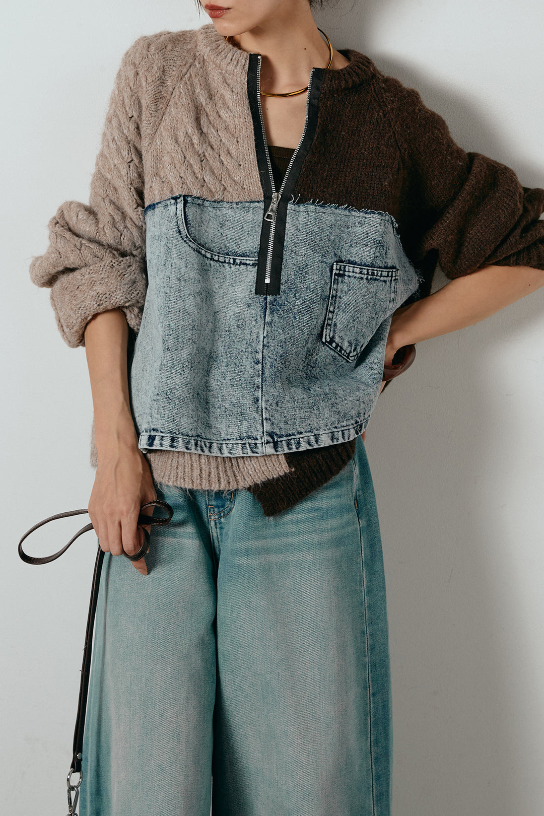 [SET]ハーフジップニットデニムドッキングトップス+ウエストダブルボタンワイドデニムパンツ(2set)