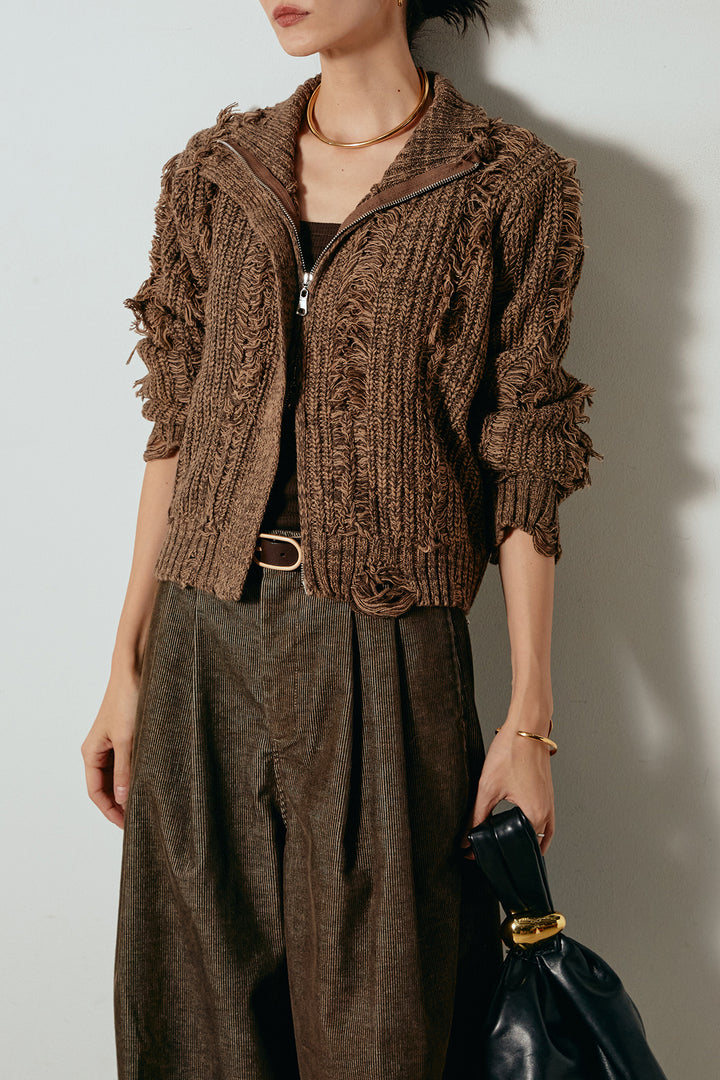 [SET]ハイネックフリンジジップニットトップス+フロントタック入りコーデュロイパンツ(2set)