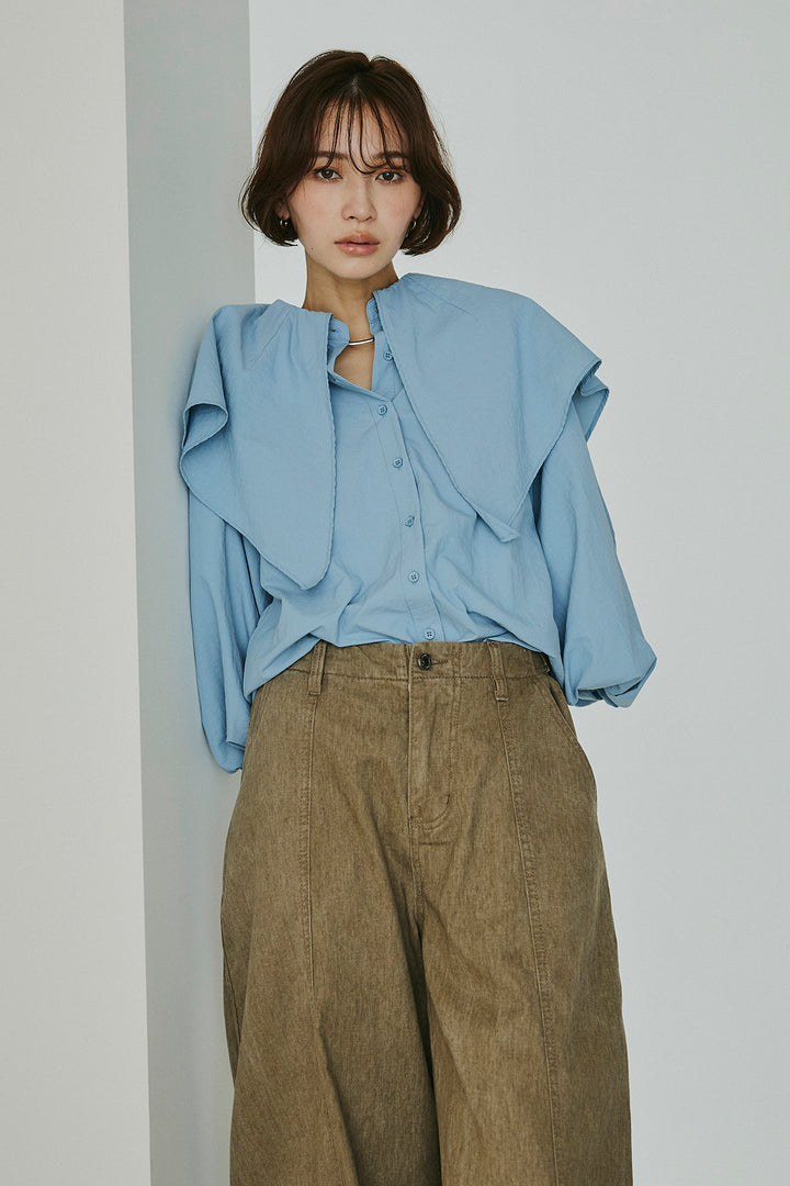 [SET]ケープカラーナイロンブラウス+サイドベルトカーブワイドパンツ(2set)