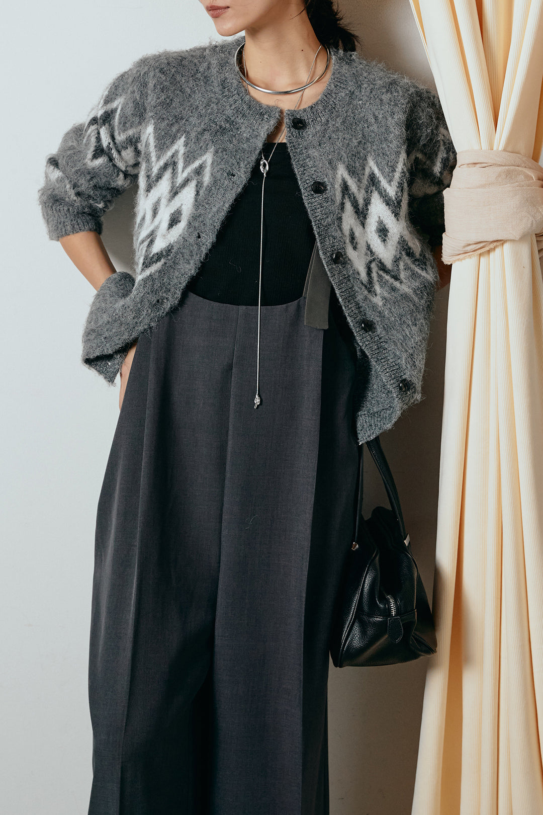 [SET]起毛ノルディック柄ニットカーディガン+ワイドツイルサロペット(2set)