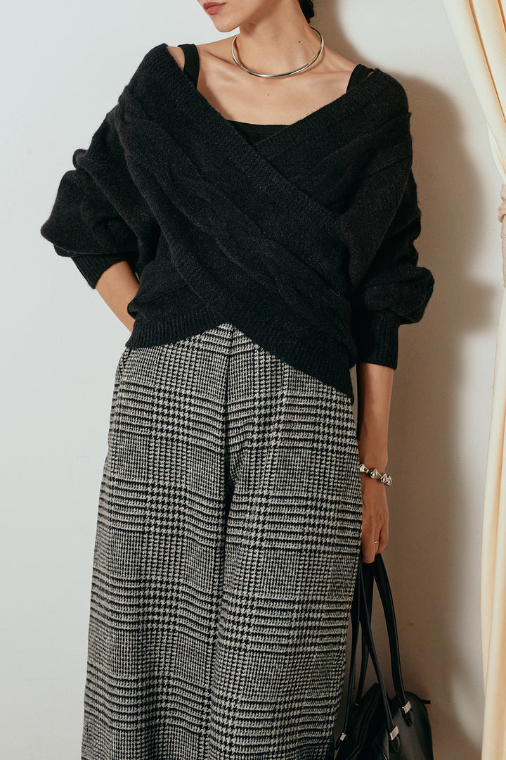 [SET]ケーブルカシュクールニットトップス+前後2wayグレンチェック柄スカーチョサロペット(2set)