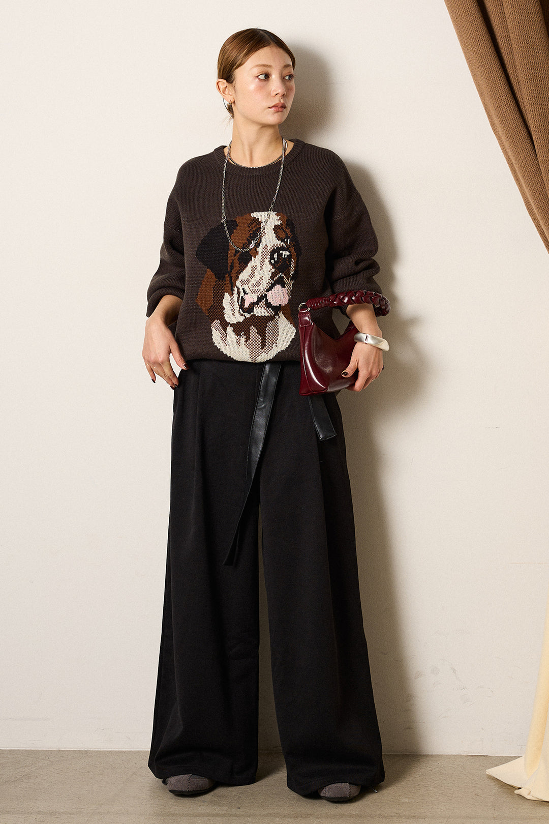 [SET]アニマルジャガード柄ニットトップス+巻ベルトウエストレザーライクワイドパンツ(2set)
