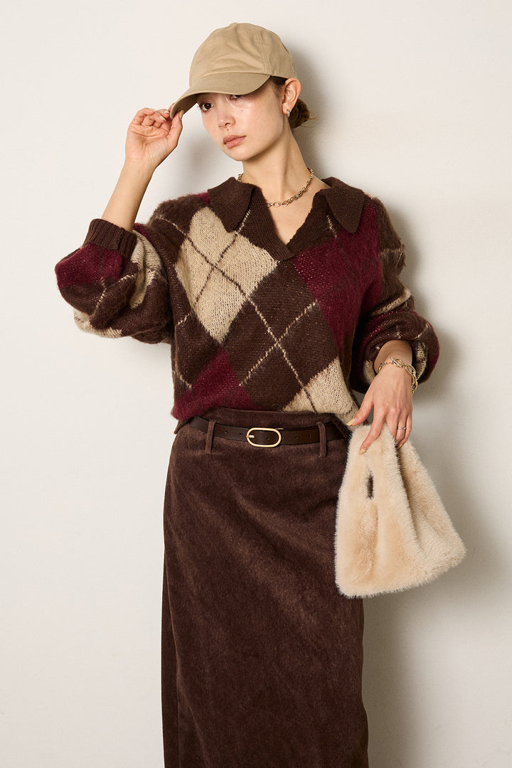 [SET]アクリルモヘアアーガイルキーネックプルオーバー+ロープベルト付きスウェード調スカート(2set)
