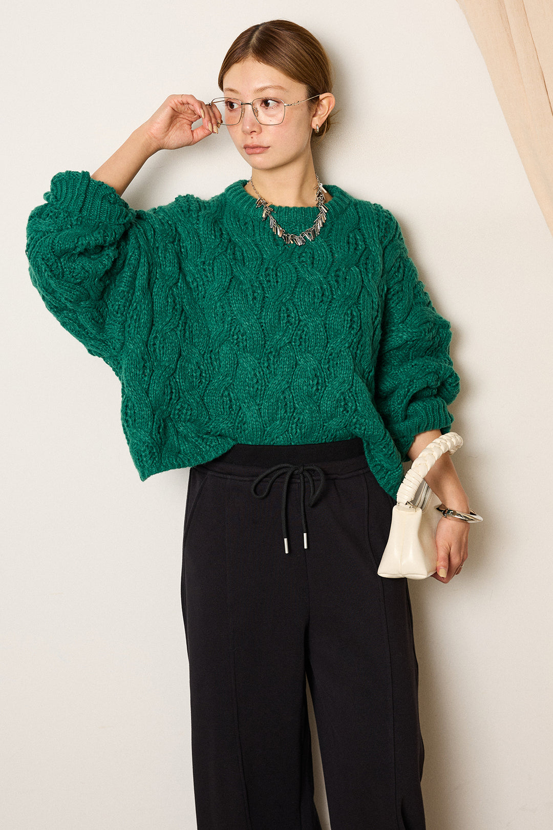 [SET]ケーブルリラックスショートニット+スウェットワイドカーブパンツ(2set)