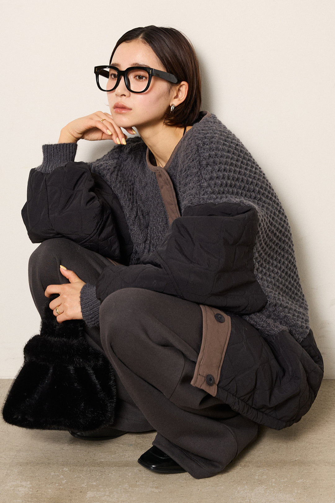 [SET]アラン編みニットノーカラー裾キルティングブルゾン+裏起毛スウェットワイドパンツ(2set)