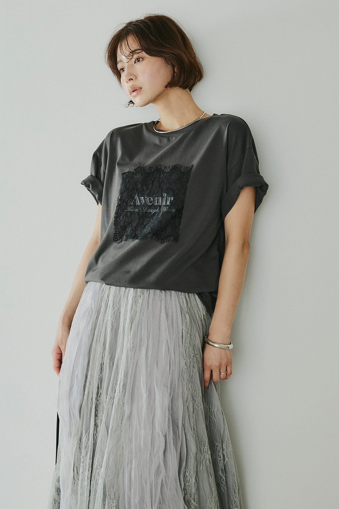 [SET]レースロゴ刺繍Tシャツ+レースコンビワッシャーギャザースカート(2set)