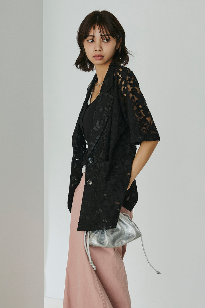 [SET]シアージャガードハーフスリーブテーラードジャケット+配色ヘンリーネックタンクトップ(2set)