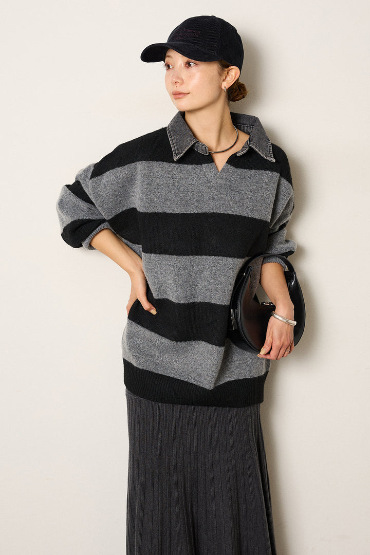 [SET]デニムカラーボーダールーズニット+編み地切り替えフレアニットスカート(2set)