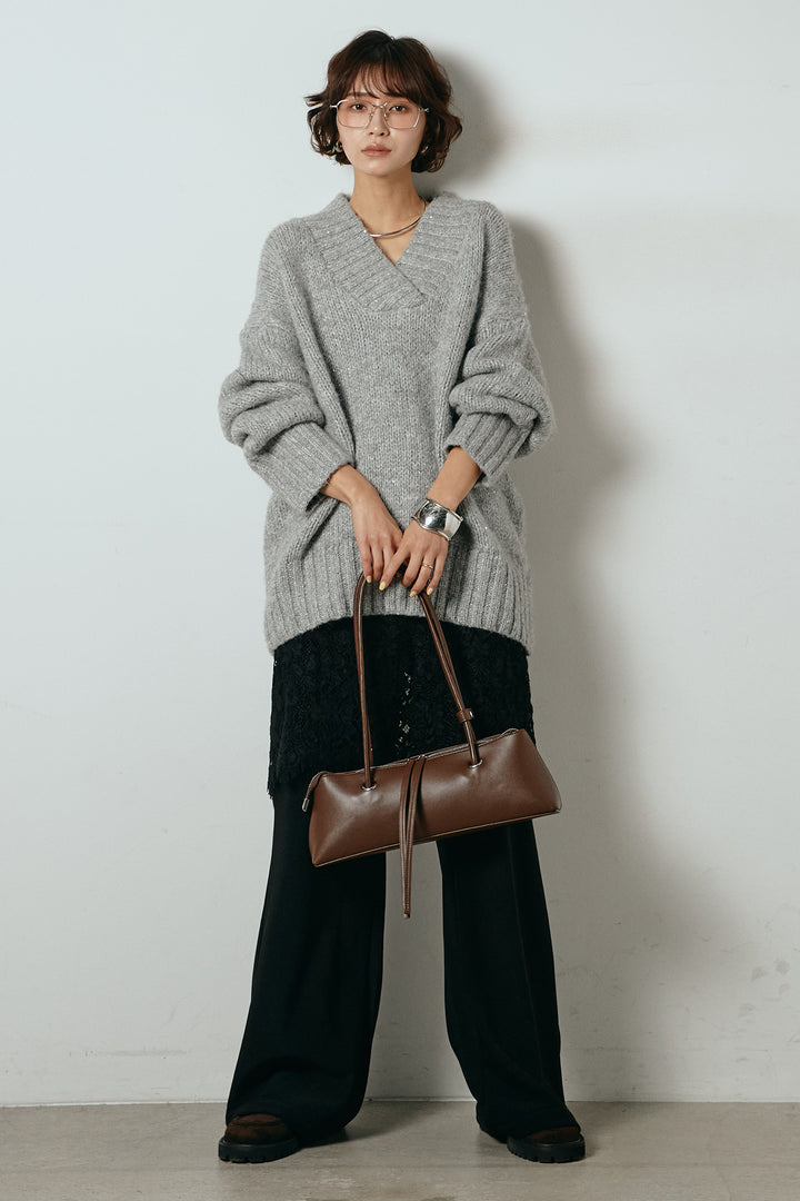 [SET]Vネックラメニットトップス+レース刺繍レイヤードフレアパンツ(2set)