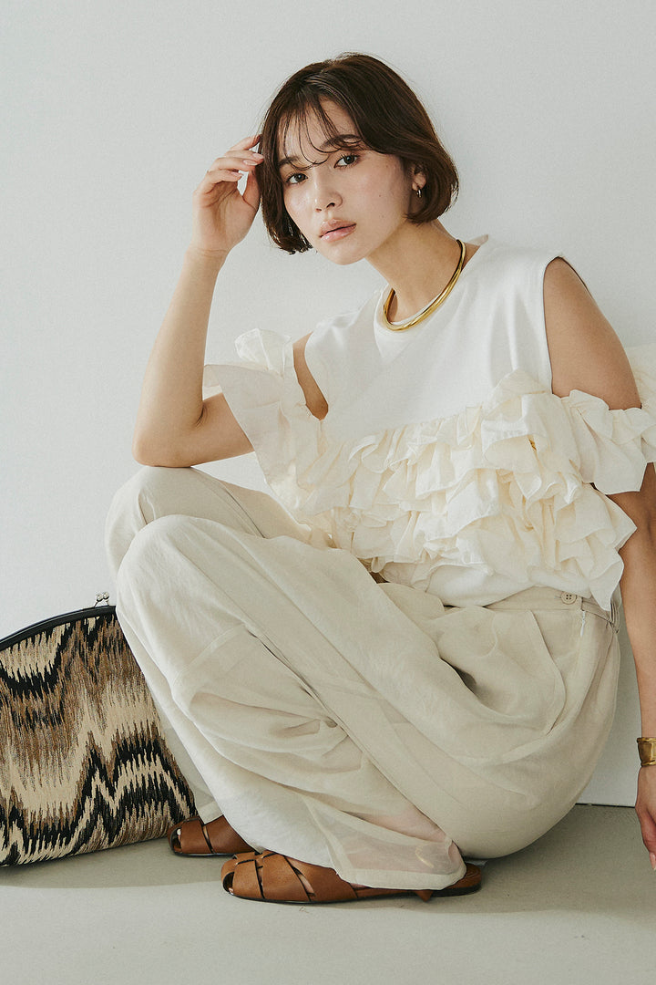 [SET]天竺ナイロンドッキングビスチェ風トップス+オーガンジータックパンツ(2set)