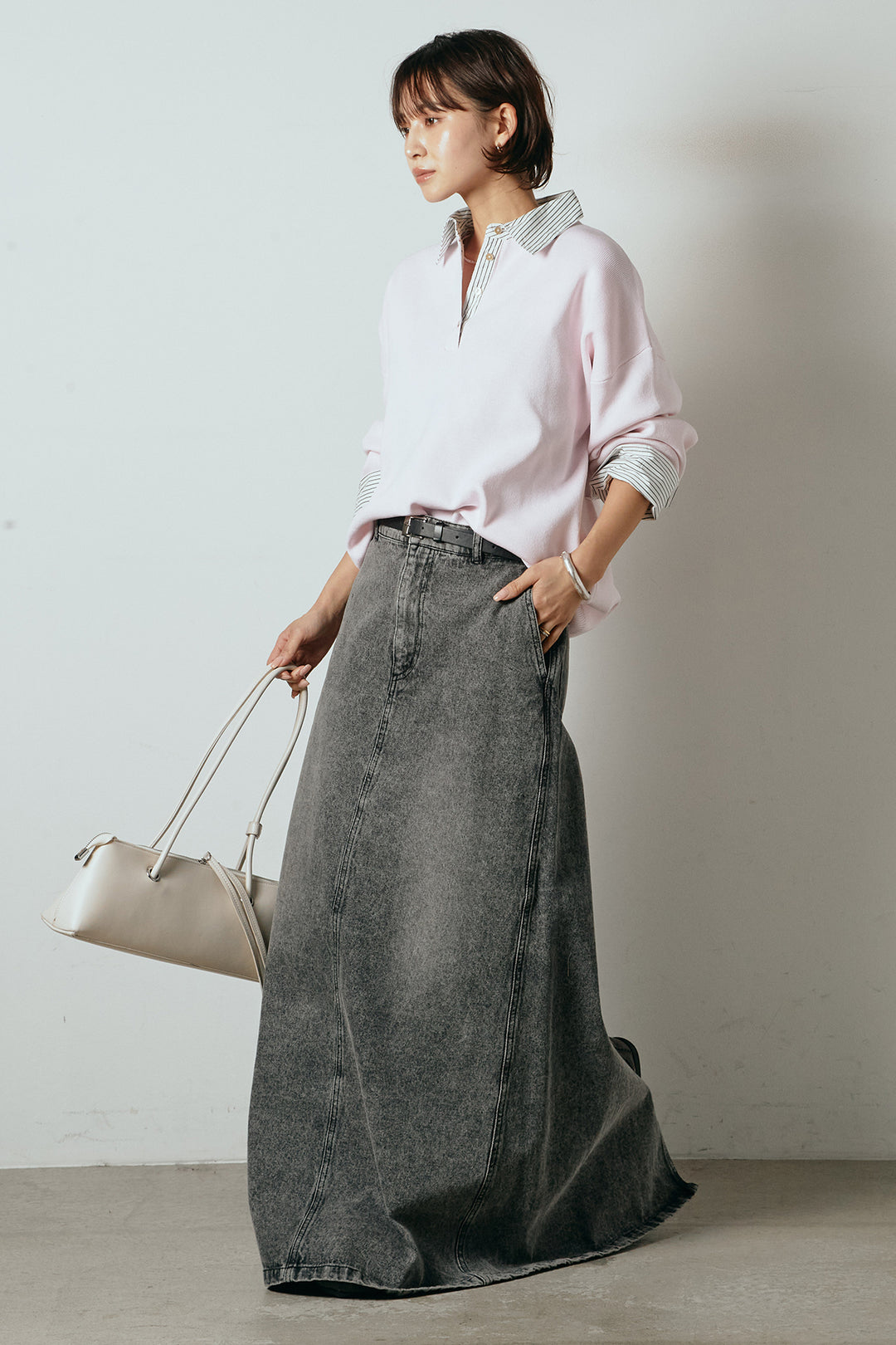 [SET]ストライプシャツドッキングポロトップス+デニムロングフレアスカート(2set)