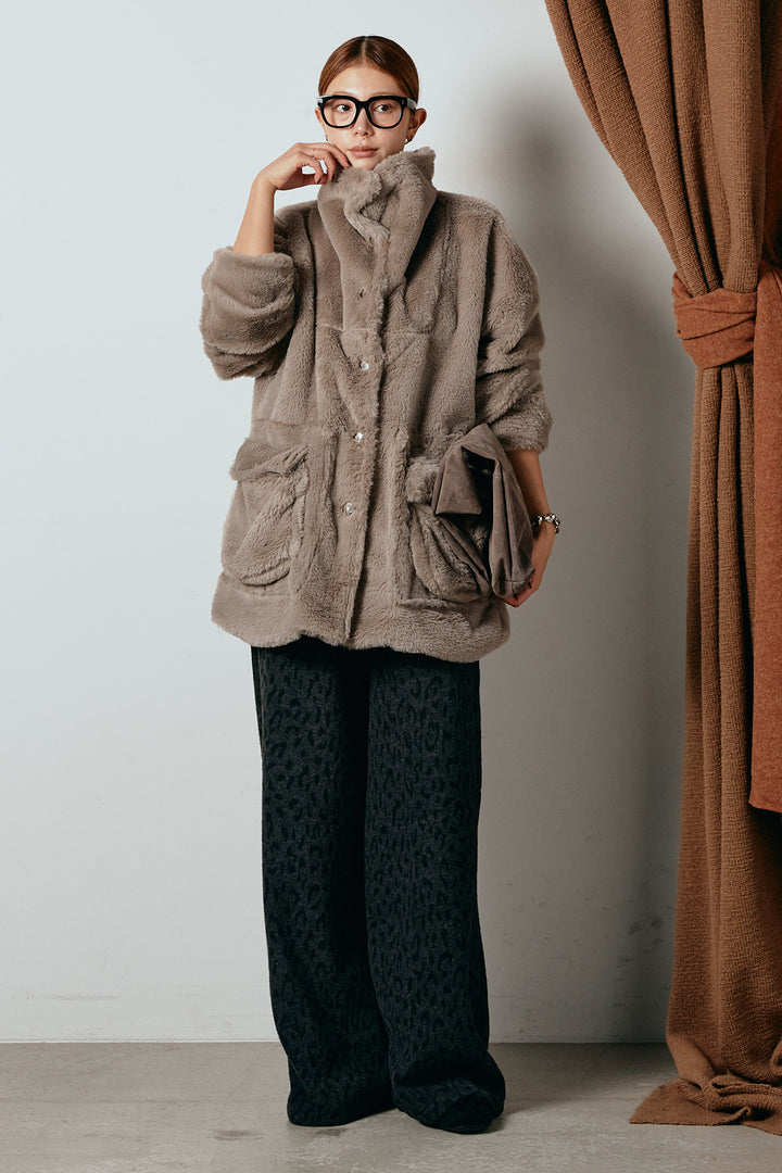 [SET]スタンドネックファーコート+レオパードジャガードニットパンツ(2set)