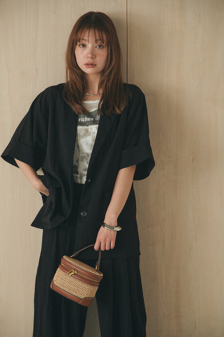 [SET]リネンライクテーラードハーフスリーブジャケット+リネンライク2タックワイドパンツ(2set)